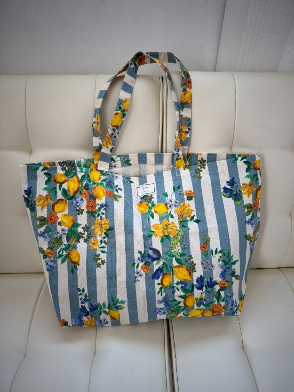 Sézane x Momonì limited edition blue stripe floral lemons print tote bag NWOT